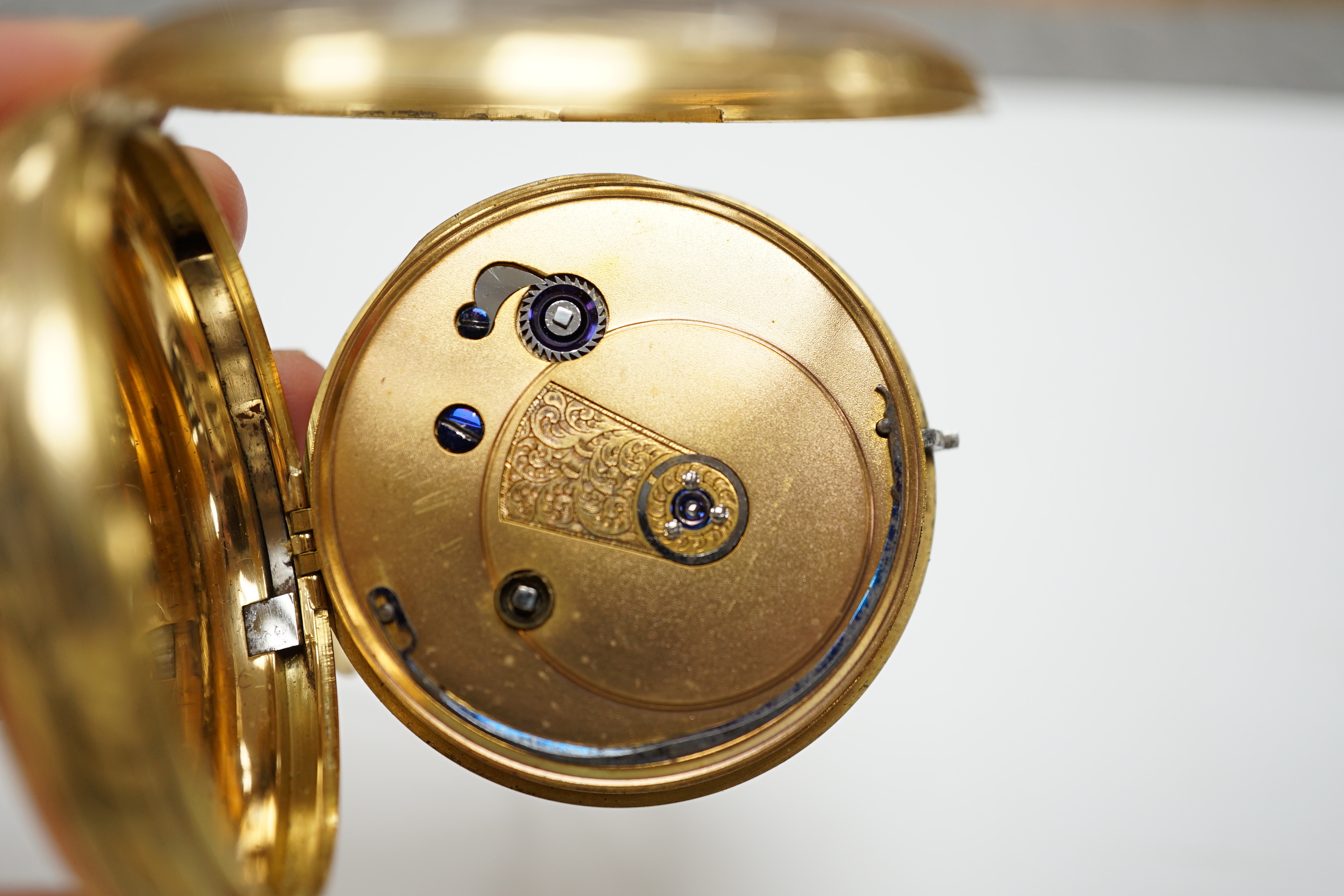 A Victorian 18ct. gold open face keywind pocket watch, with yellow dial and subsidiary seconds, case diameter 54mm, gross weight 126.6 grams.